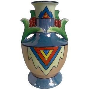 Lusterware Japanese Ceramic Vase Abstract Design Red Berry Accents Hand Painted